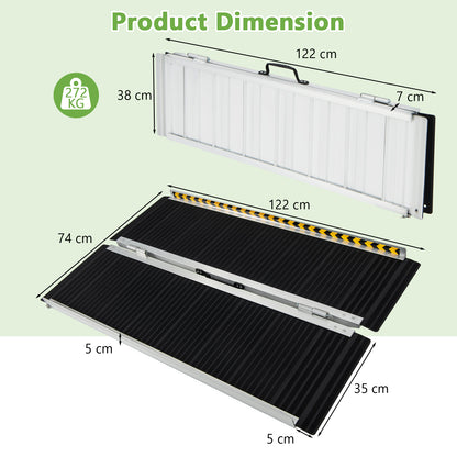 Diagram showing the dimensions of the portable aluminum wheelchair ramp
