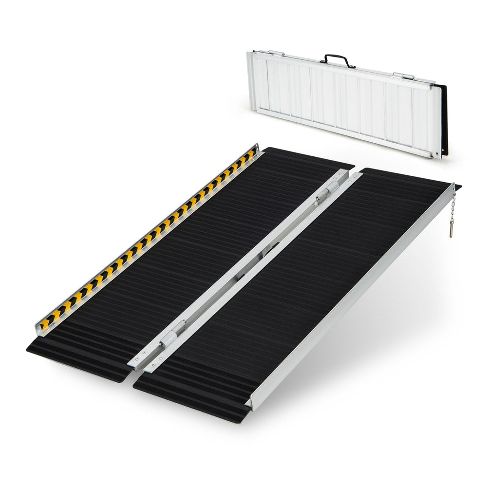 The folded aluminum wheelchair ramp is shown with a carry handle at the top