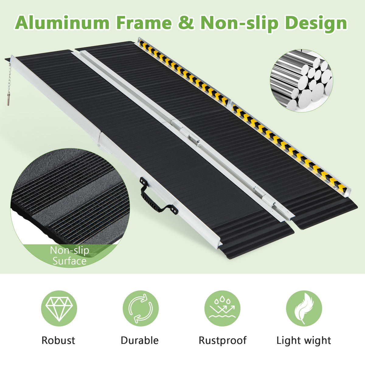 Close-up of the non-slip surface and aluminum frame of the portable wheelchair ramp
