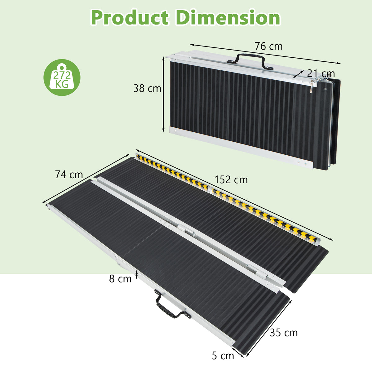 A diagram shows the dimensions of the portable aluminum wheelchair ramp