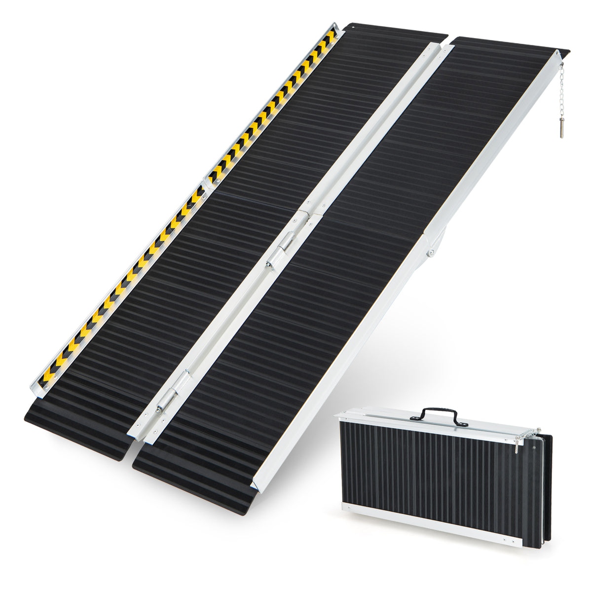 The portable aluminum wheelchair ramp is shown unfolded and folded