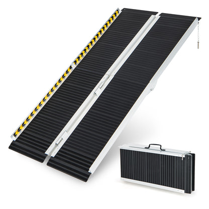 The portable aluminum wheelchair ramp is shown unfolded and folded
