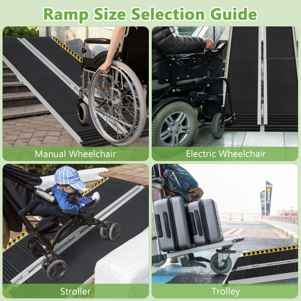 Four scenarios show the portable wheelchair ramp used for manual, power, and push wheelchairs, and a stroller