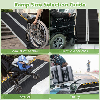 Four scenarios show the portable wheelchair ramp used for manual, power, and push wheelchairs, and a stroller