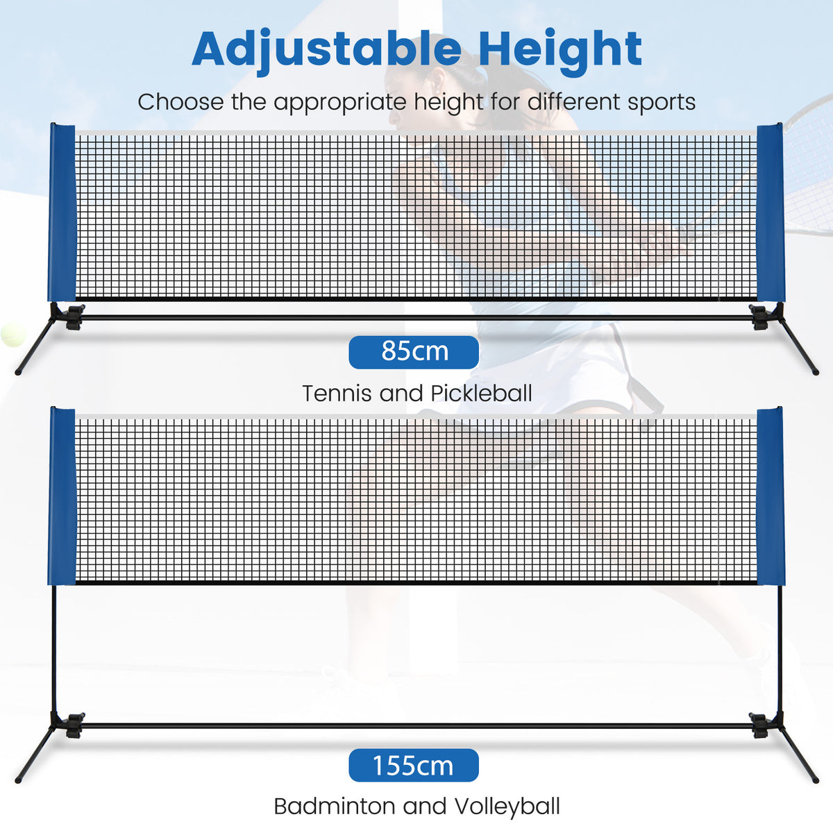 The blue badminton net shown at two different heights for various sports