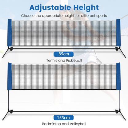 The blue badminton net shown at two different heights for various sports