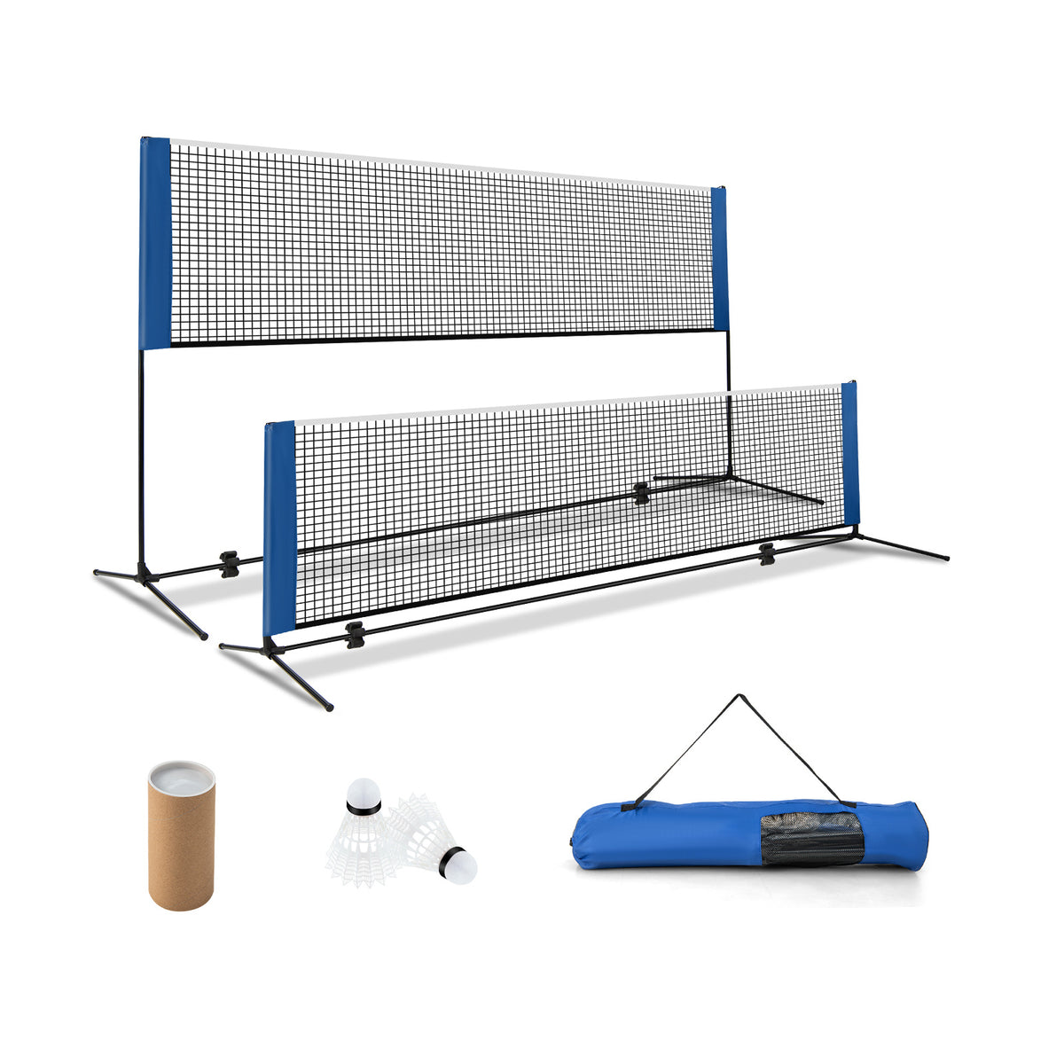 Portable Badminton Net shown at two heights with shuttlecocks and a blue carrying bag