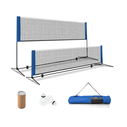 Portable Badminton Net shown at two heights with shuttlecocks and a blue carrying bag