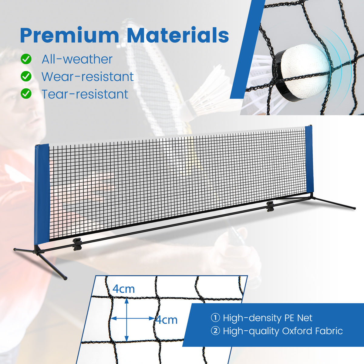 Close up of the blue badminton net showing the mesh and Oxford fabric
