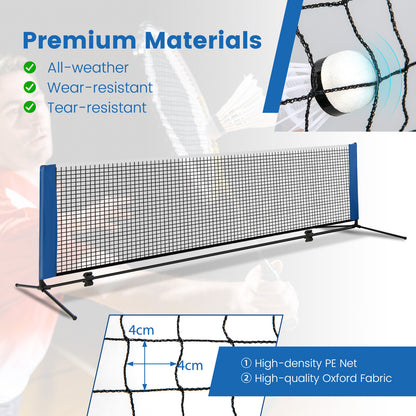 Close up of the blue badminton net showing the mesh and Oxford fabric