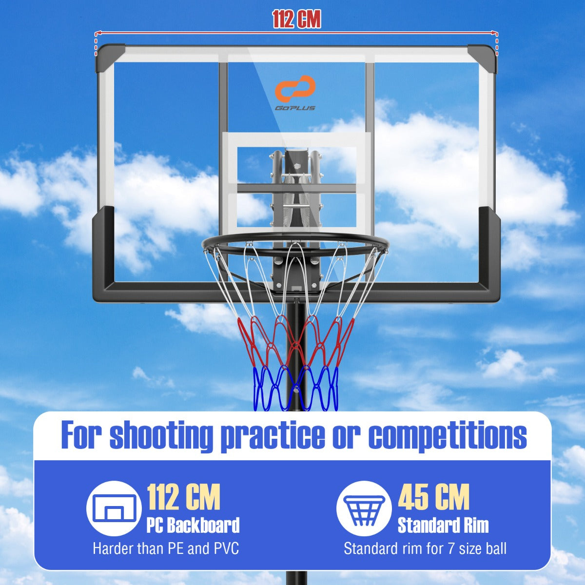 The sport equipment backboard and rim with text highlighting features for practice