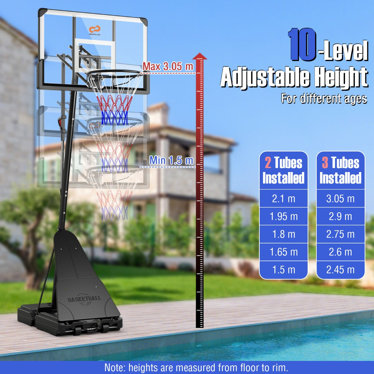 The basketball hoop showing the different height levels possible for the rim