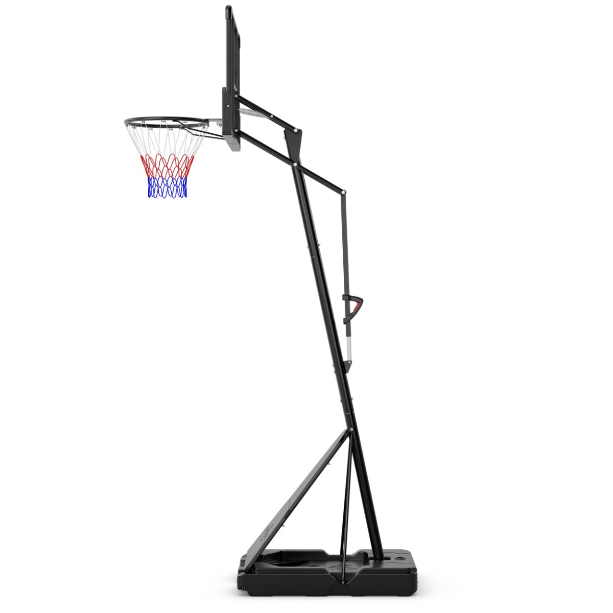 The basketball hoop viewed from the side showing the pole and base