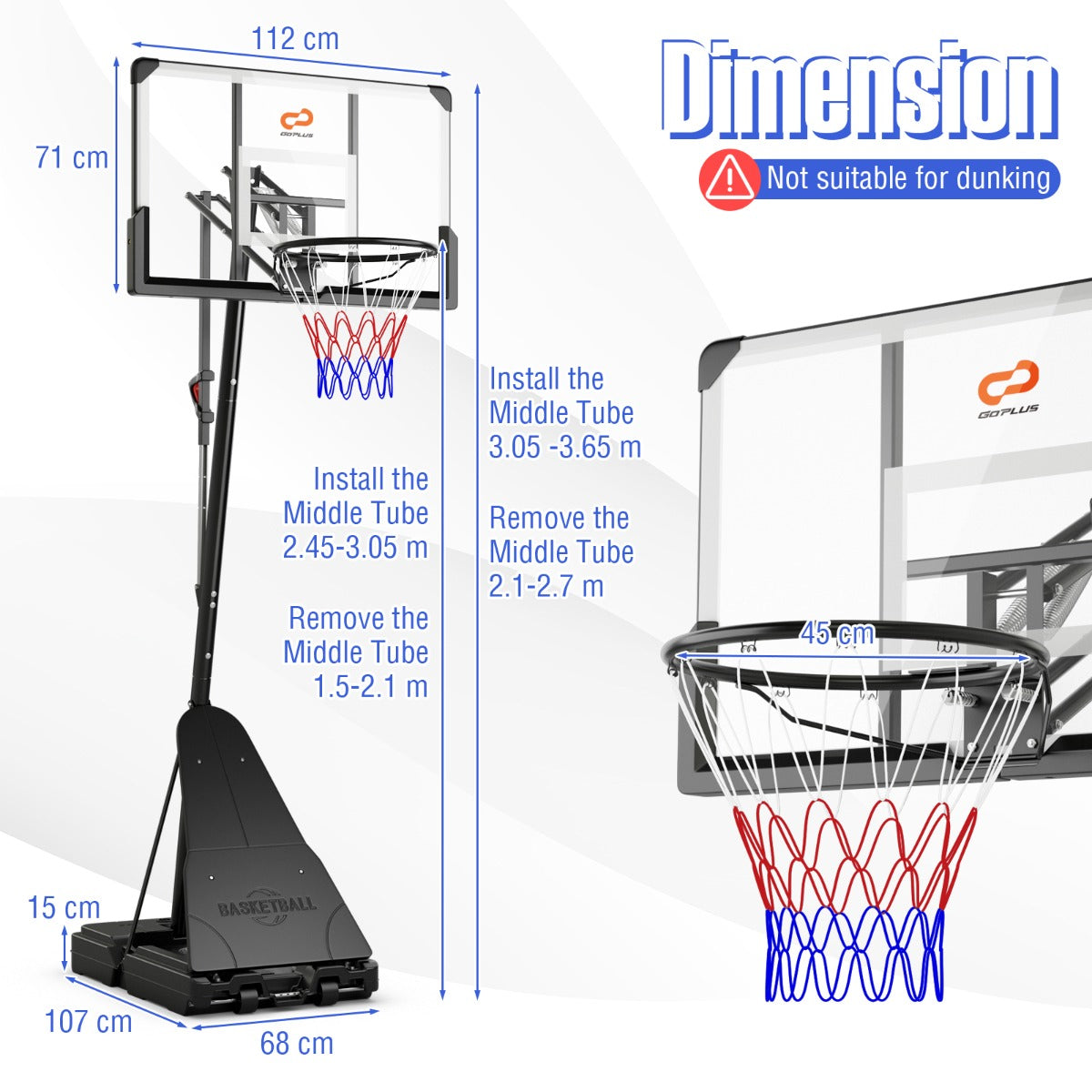 The basketball hoop with technical labels showing dimensions and parts