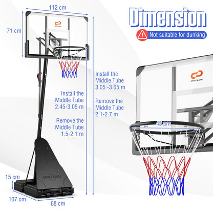 The basketball hoop with technical labels showing dimensions and parts