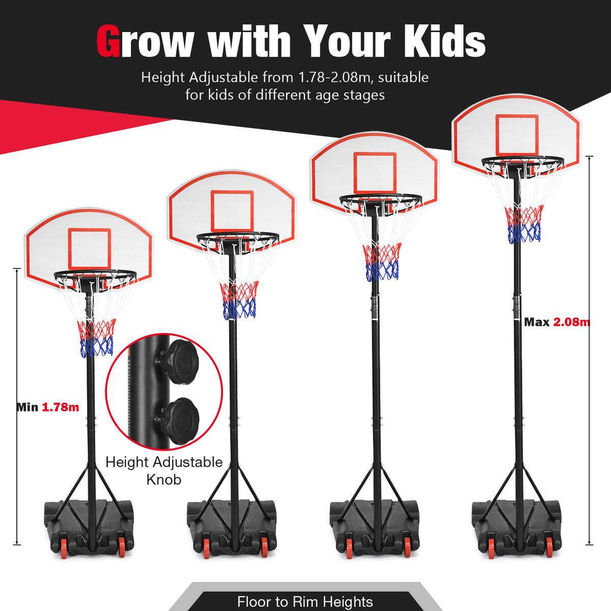 A portable basketball hoop shown at different height settings for kids
