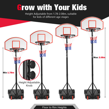 A portable basketball hoop shown at different height settings for kids