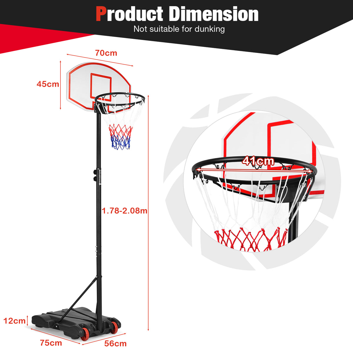 A portable basketball hoop with dimensions shown for backboard and height