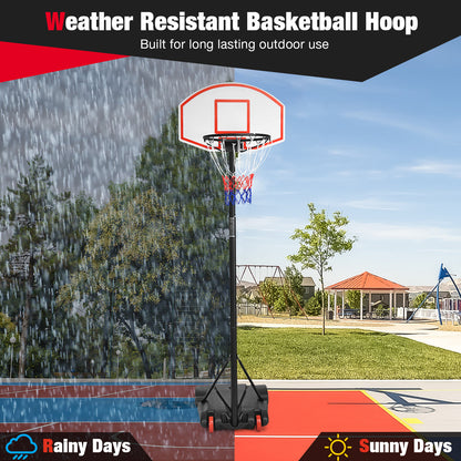 A portable basketball hoop shown in rainy and sunny outdoor conditions