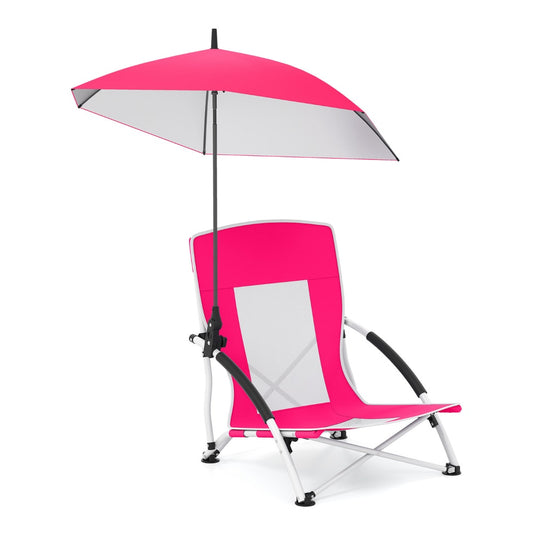 Portable Beach Umbrella Chair with Adjustable Parasol in pink, a folding camping chair with a pink umbrella attached
