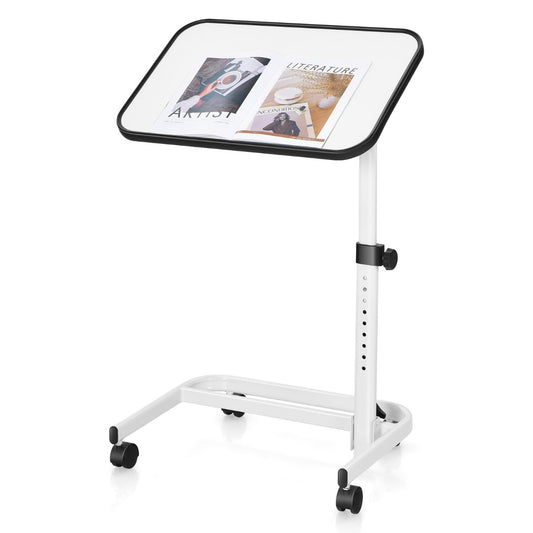 Portable Bedside Table with 9 Level Adjustable Height with magazines on the tilted white surface