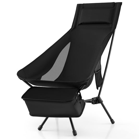 Portable Camping Chair in black, shown from the front with a padded headrest and storage pouch