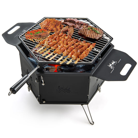 Portable Charcoal Grill Stove with meat and skewers cooking on the hexagonal grate