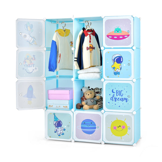 Portable Children Wardrobe with 12 cubes and 2 hanging sections in blue with cartoon space designs