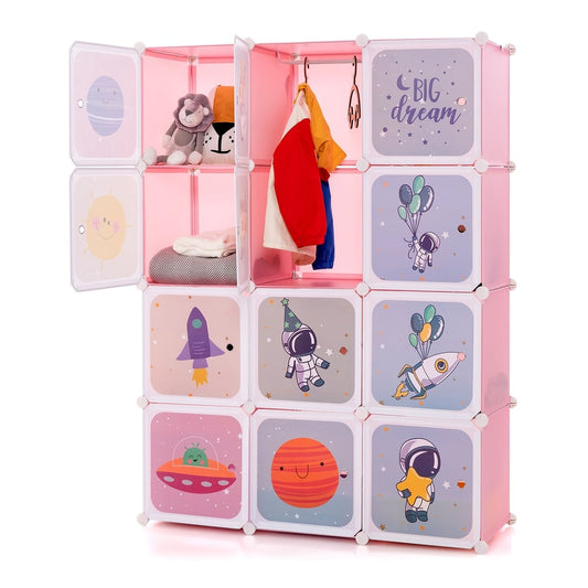 Portable Children Wardrobe with 12 cubes and 2 hanging sections in pink with space-themed designs