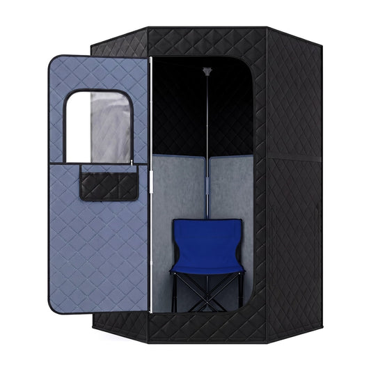 The portable sauna box with the door open showing a blue folding chair inside