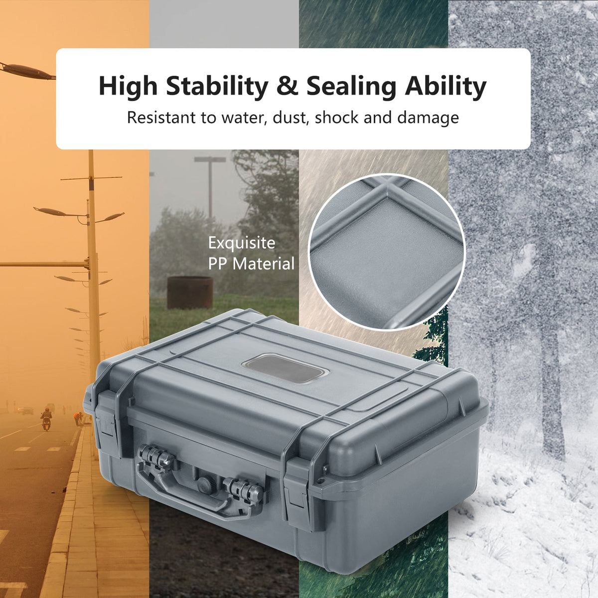 The camping case shown against a background of different weather conditions