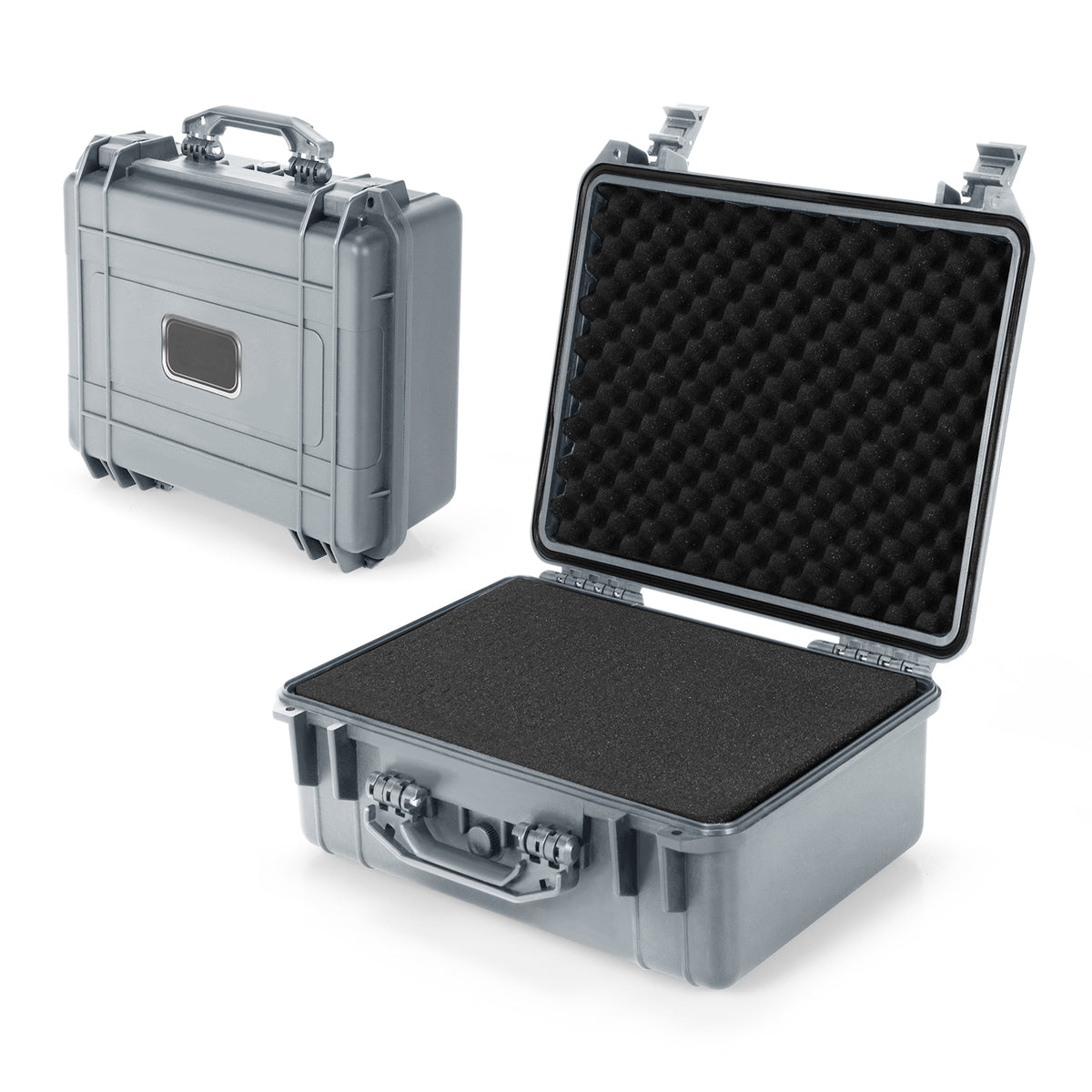 Portable Grey Waterproof Hard Case shown both closed and open with foam interior
