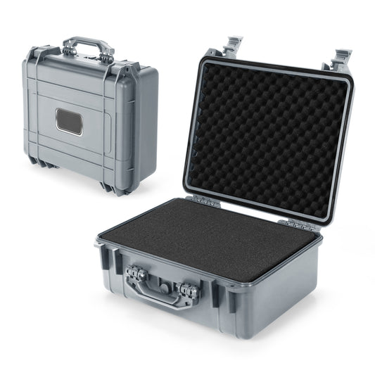 Portable Grey Waterproof Hard Case shown both closed and open with foam interior