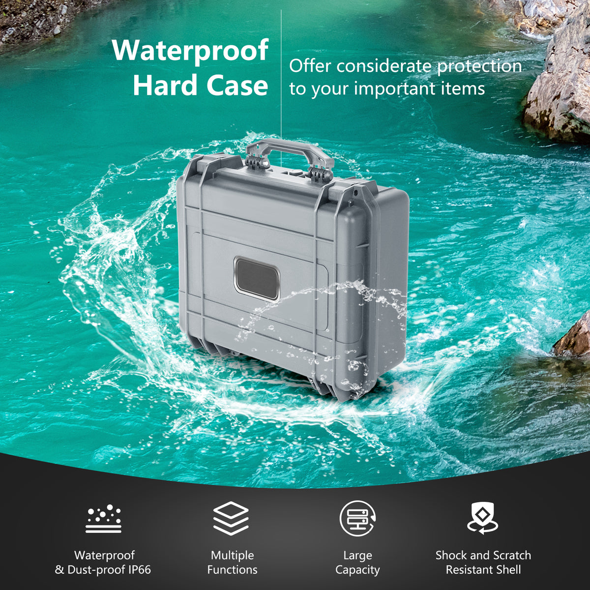 The camping case partially submerged in a flowing river with text overlays