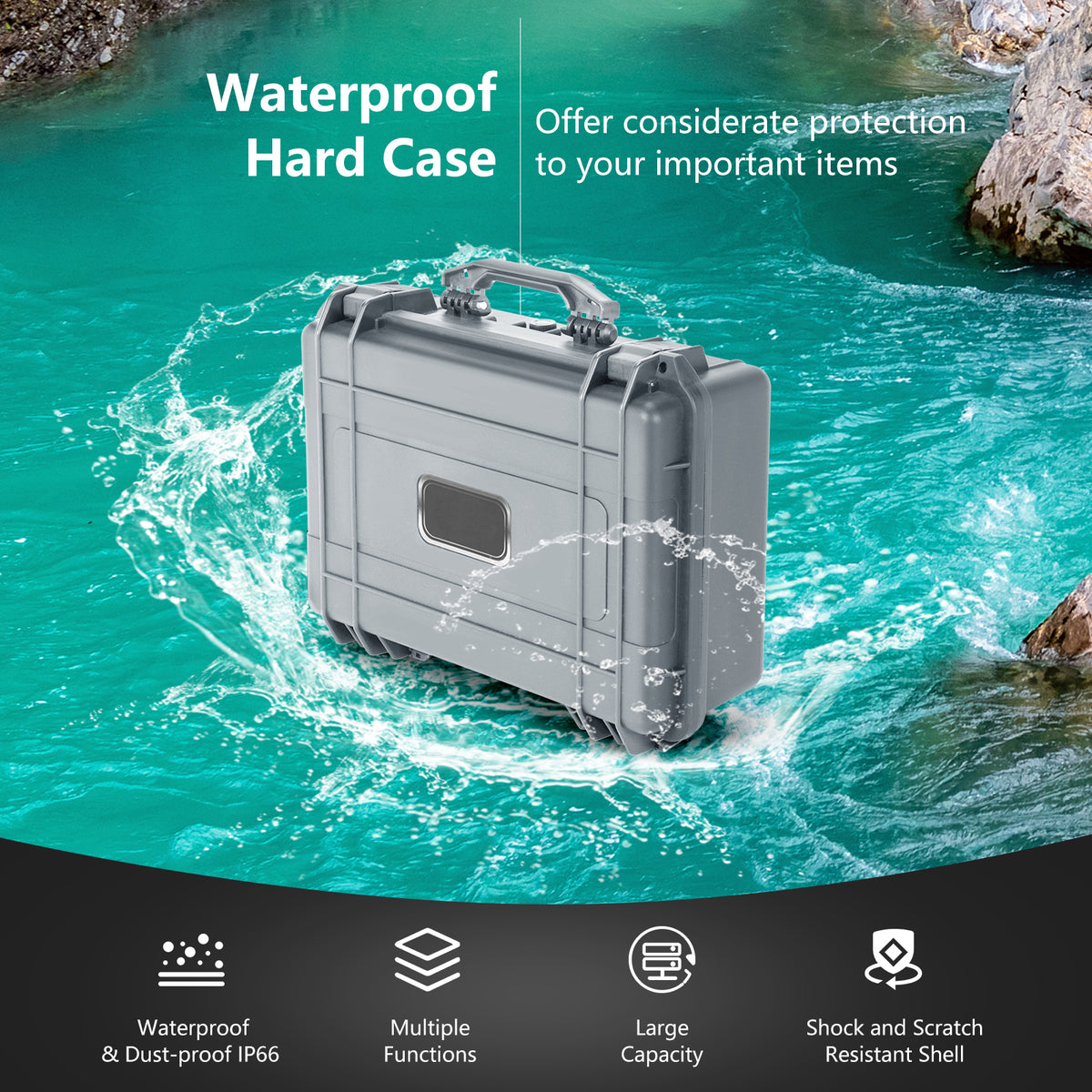 Waterproof hard case with features listed