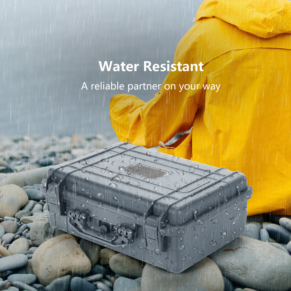 The grey hard case is shown in the rain