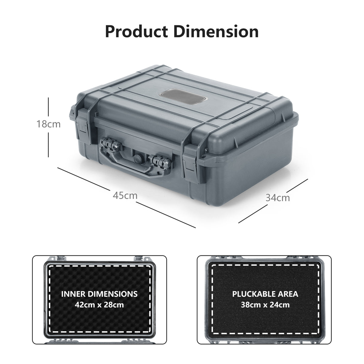 Product dimension diagram for the grey hard case