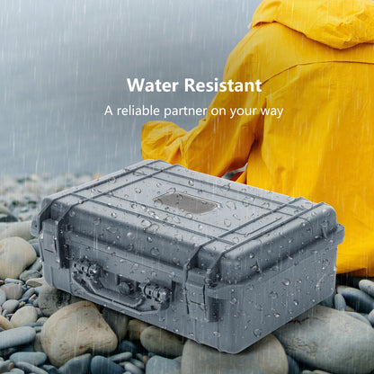 The grey camping case is shown in the rain