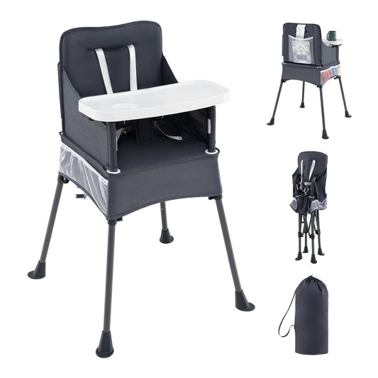 Portable High Chair shown in full, folded, and inside its carry bag