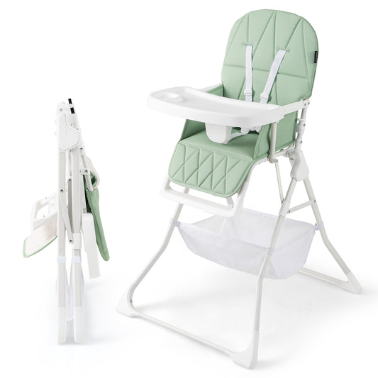 Portable High Chair with 3-Level Adjustable Tray and Footrest shown folded and unfolded
