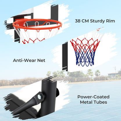 The red rim, white and blue net, and black metal pole of the kids basketball hoop