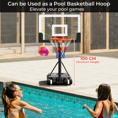 Portable basketball hoop next to a swimming pool, labelled as a pool basketball hoop