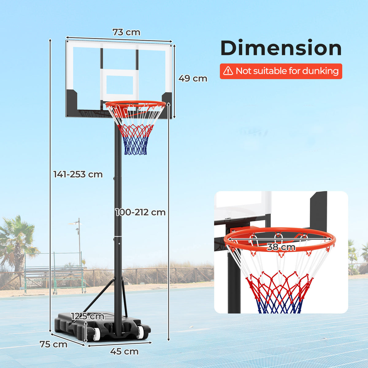 Diagram showing the dimensions of the portable basketball hoop
