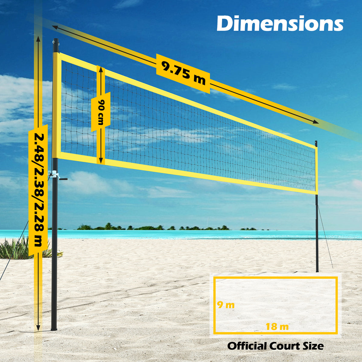 Dimensions diagram for the volleyball net system and court size