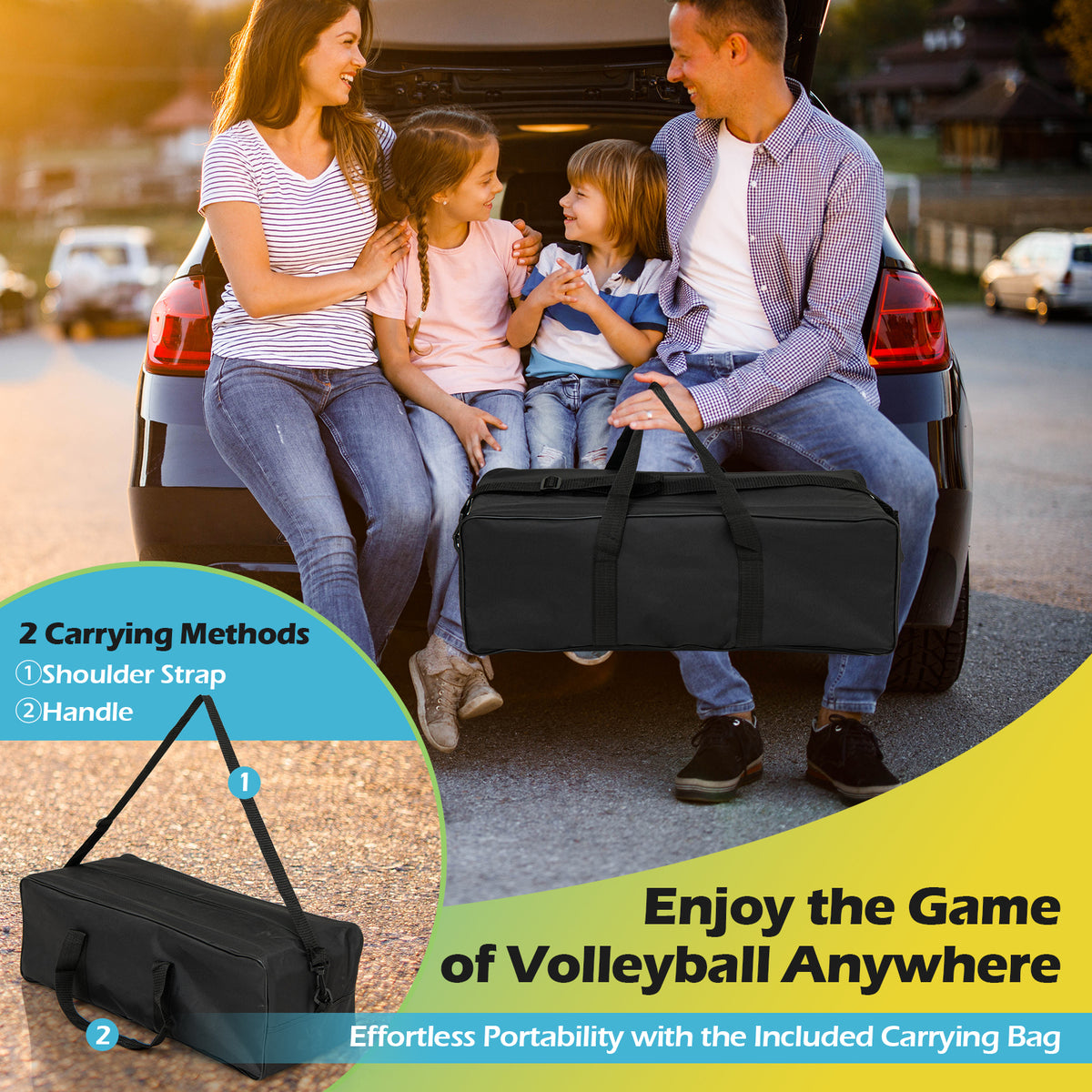 Family with a carry bag for the volleyball net system