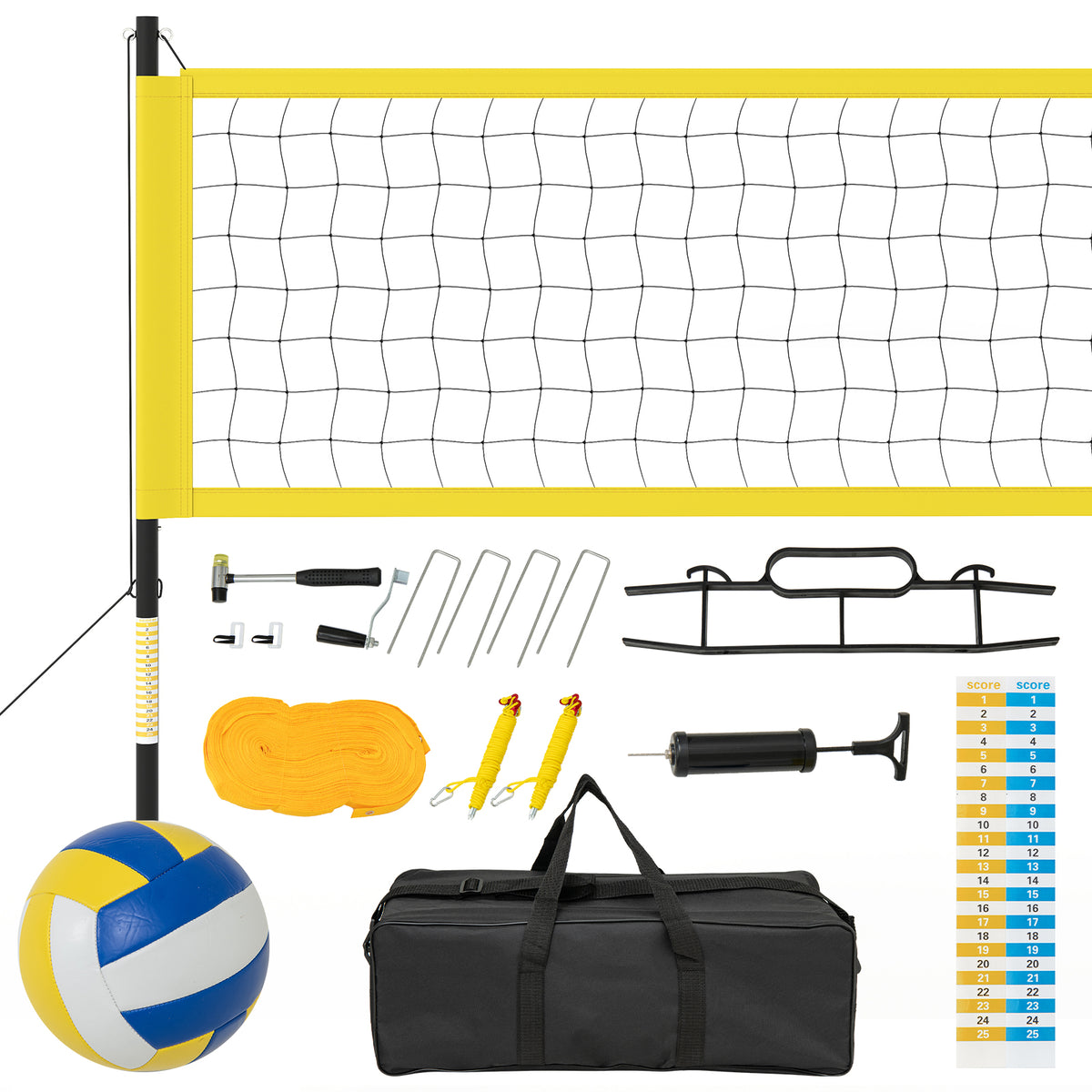 Portable Outdoor Volleyball Net Set with ball, pump, and carry bag shown laid out