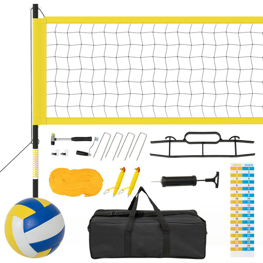 Portable Outdoor Volleyball Net Set with ball, pump, and carry bag shown laid out