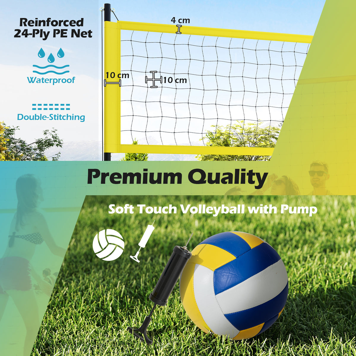 Close up of the volleyball net showing reinforced ply and double stitching
