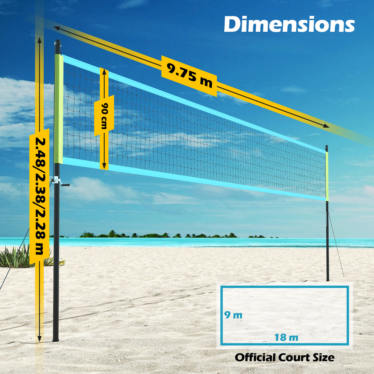 the volleyball net system shown with yellow arrows and text indicating the product dimensions