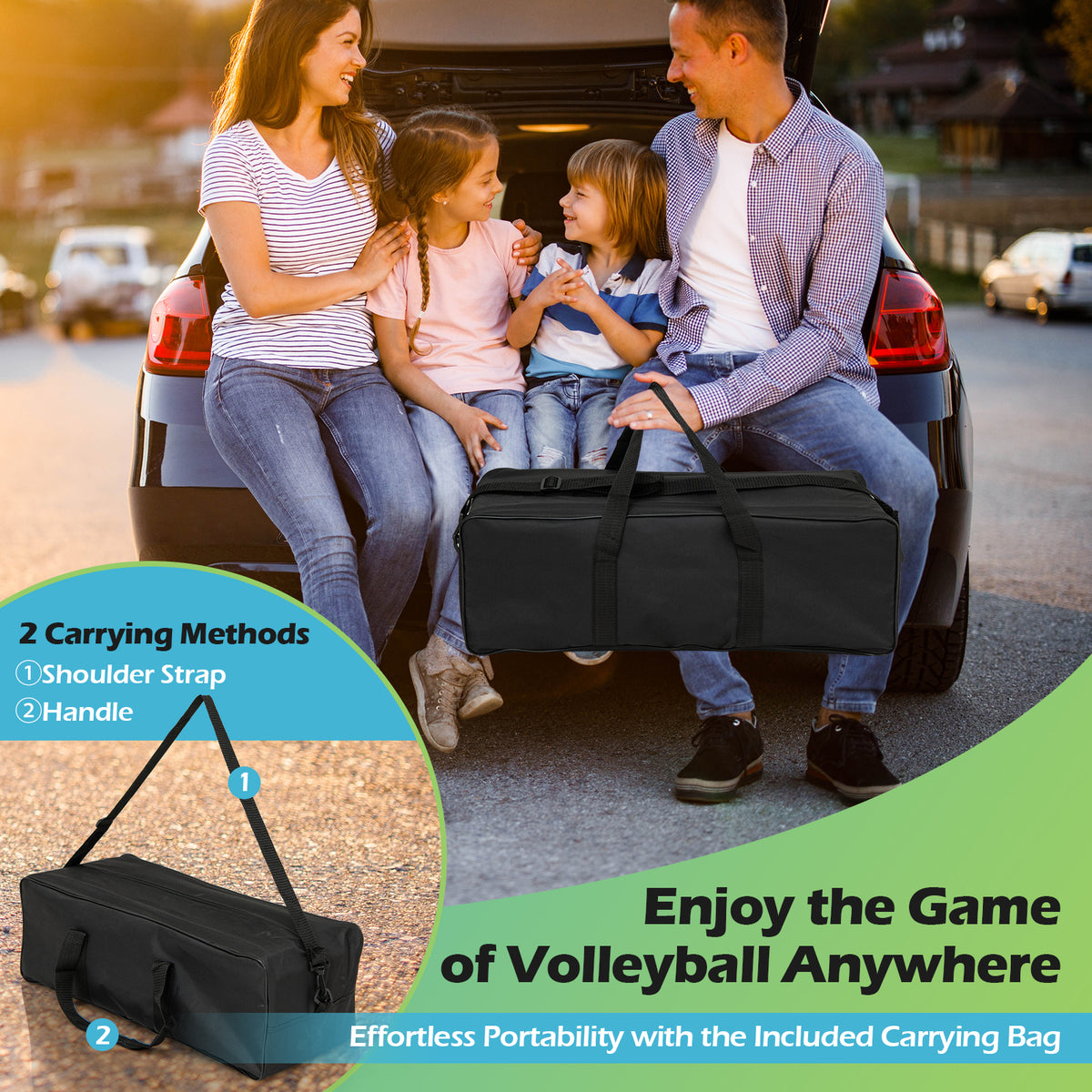 the black carry bag for the volleyball net system with shoulder strap and handle details